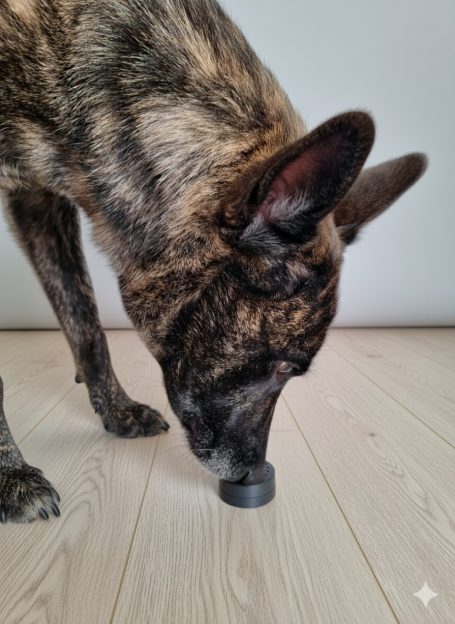 Ein gestreifter Hund schnuppert an einem runden, schwarzen Objekt auf dem Boden.