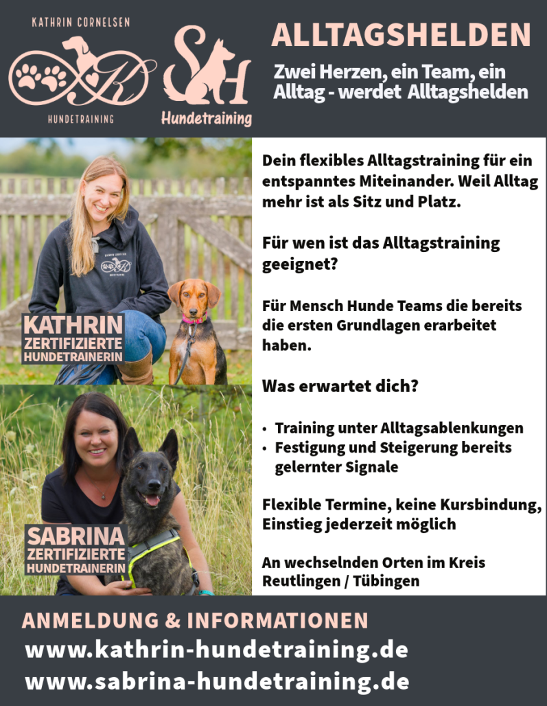 Zwei Frauen mit Hunden und Informationen zu Gruppentraining Alltagstrainings.